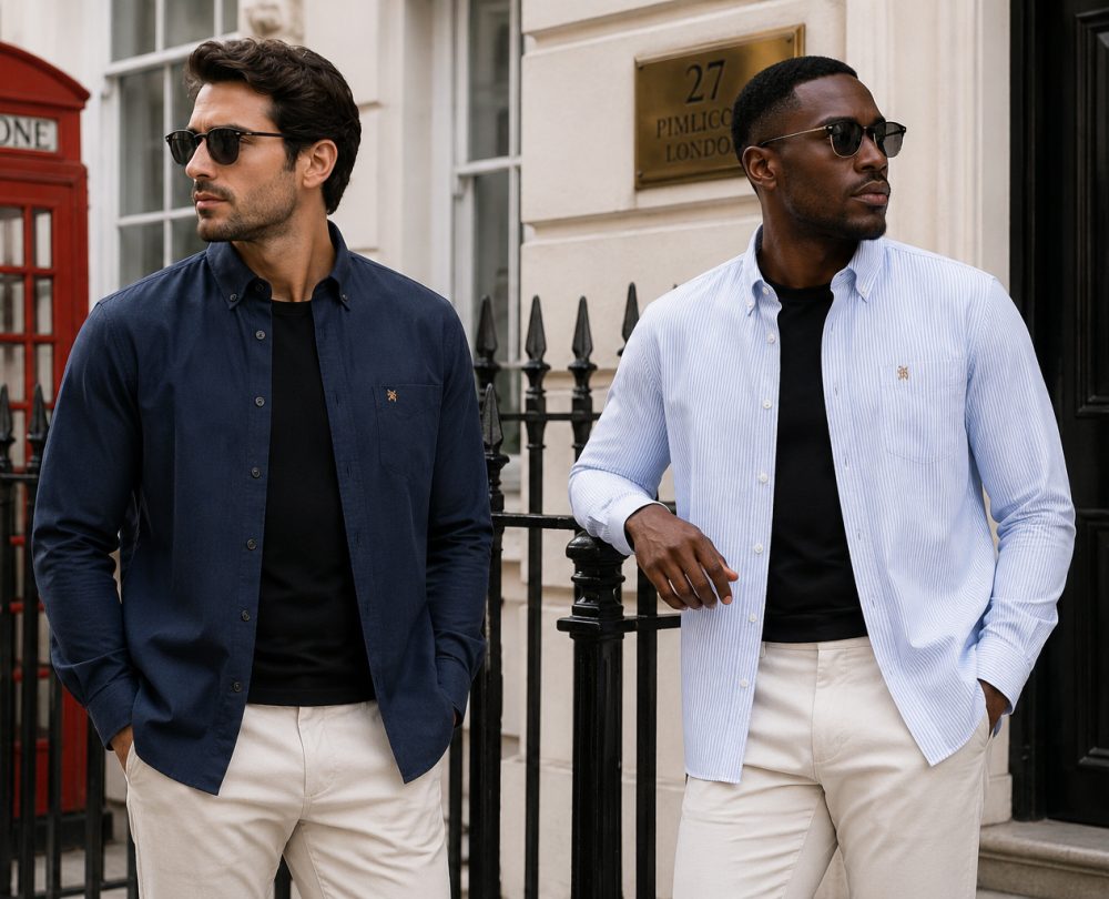 Twin Pack of Plain & Strips Shirts, The English Oxford Mens Long Sleeve Shirt, Button Down Collar & Pocket. Navy - Image 3