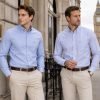 Twin Pack of Plain & Strips Shirts, The English Oxford Mens Long Sleeve Shirt, Button Down Collar & Pocket. Ocean Blue - Thumbnail Image 1