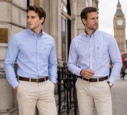 Twin Pack of Plain & Strips Shirts, The English Oxford Mens Long Sleeve Shirt, Button Down Collar & Pocket. Ocean Blue
