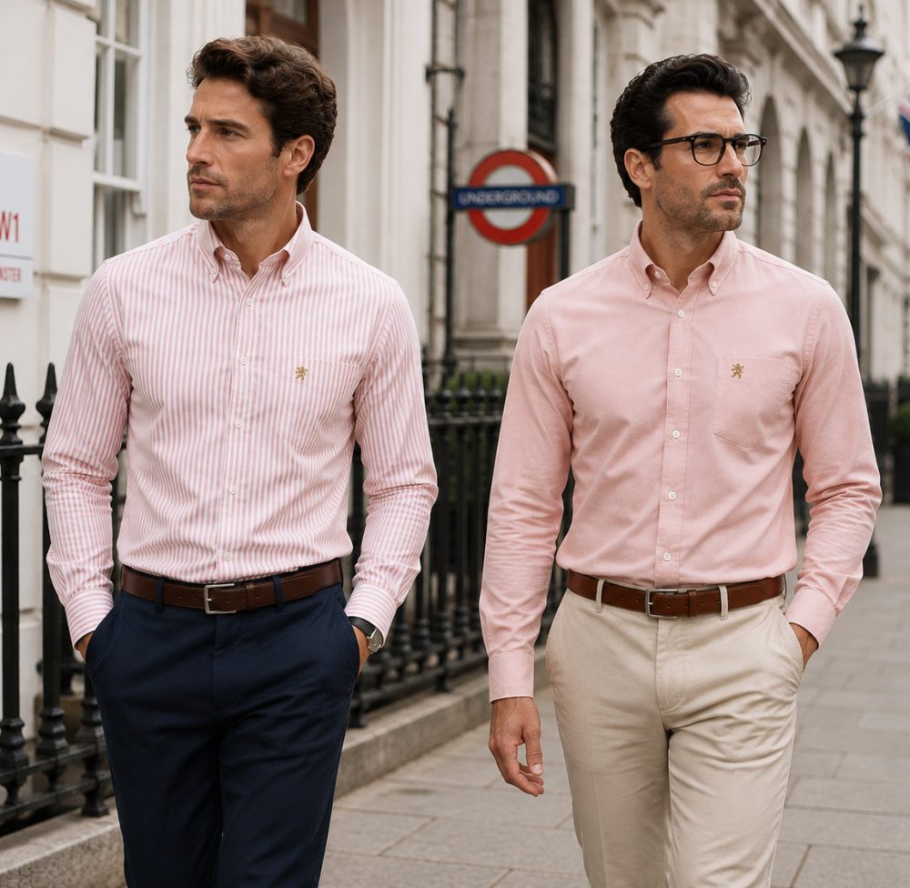 Twin Pack of Plain & Strips Shirts, The English Oxford Mens Long Sleeve Shirt, Button Down Collar & Pocket. Somerset Peachy Peach - Image 1