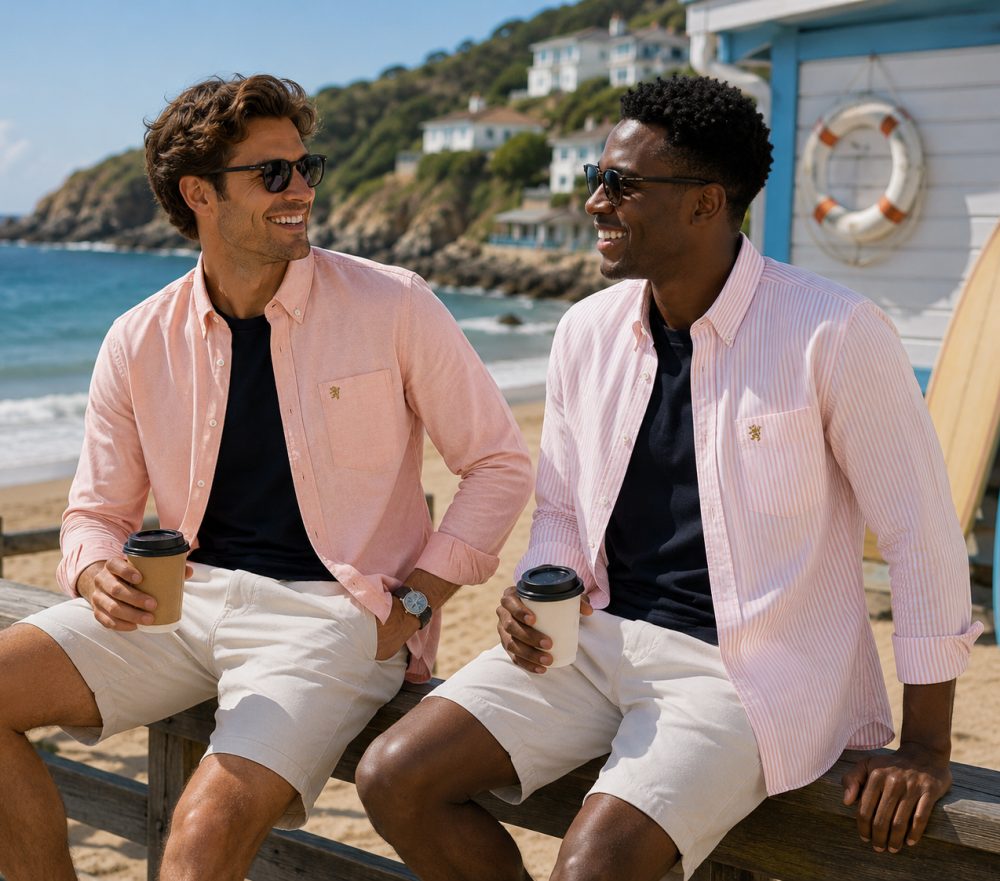 Twin Pack of Plain & Strips Shirts, The English Oxford Mens Long Sleeve Shirt, Button Down Collar & Pocket. Somerset Peachy Peach - Image 3
