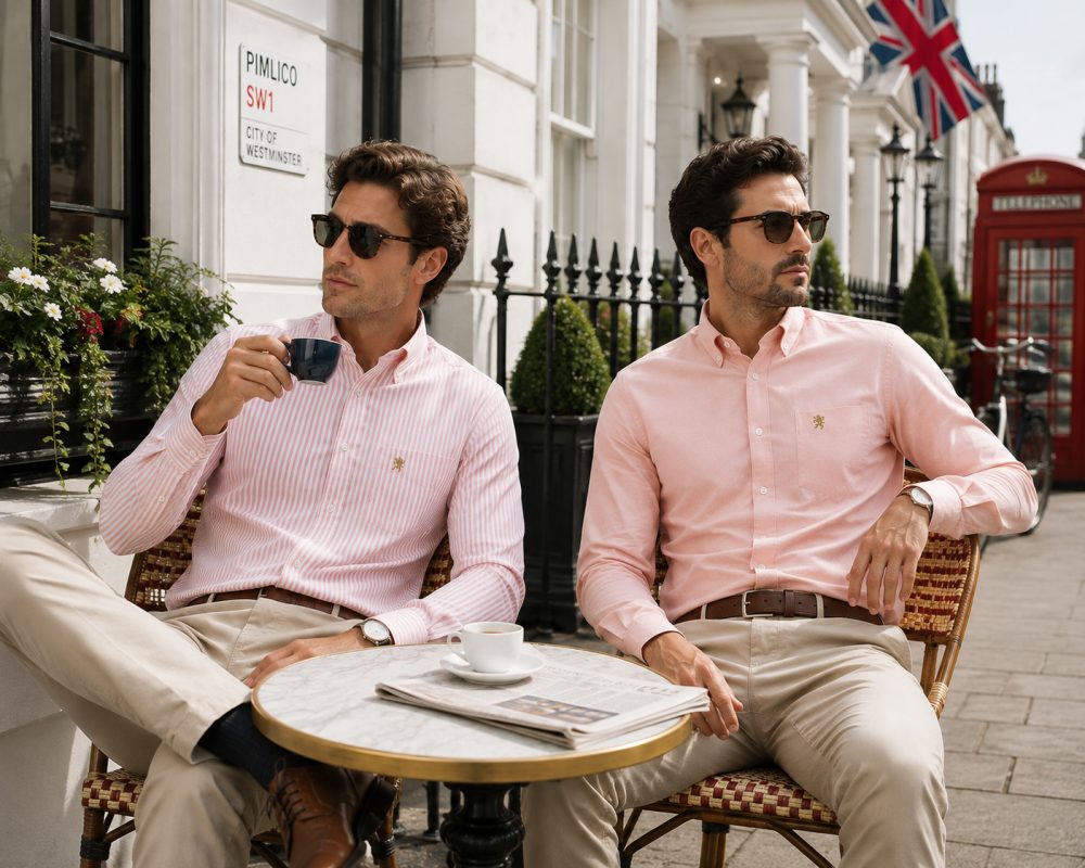 Twin Pack of Plain & Strips Shirts, The English Oxford Mens Long Sleeve Shirt, Button Down Collar & Pocket. Somerset Peachy Peach - Image 2