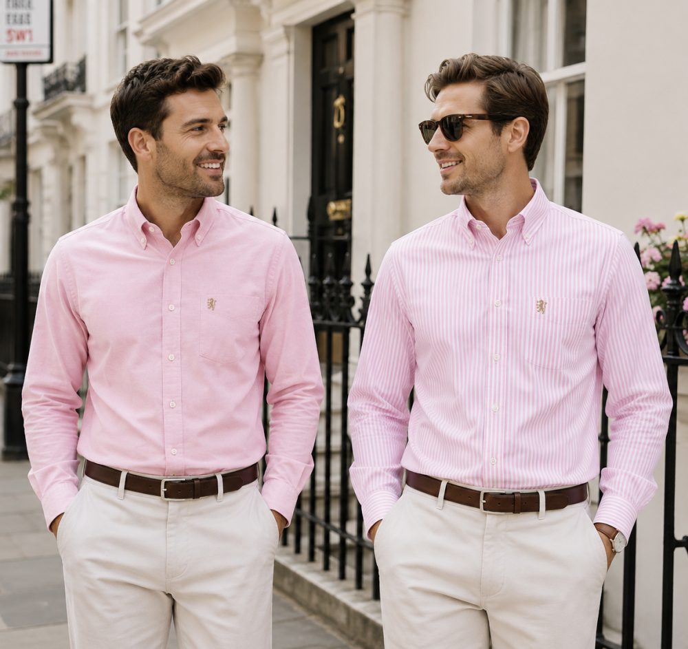 Twin Pack of Plain & Strips Shirts, The English Oxford Mens Long Sleeve Shirt, Button Down Collar & Pocket. Tickle Me Pink - Image 1