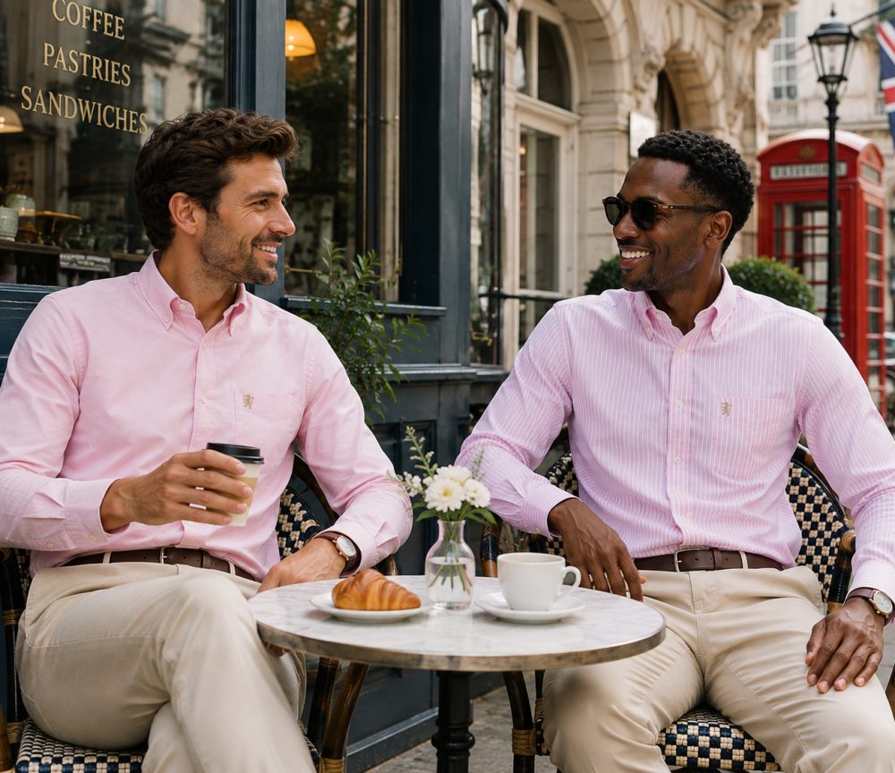Twin Pack of Plain & Strips Shirts, The English Oxford Mens Long Sleeve Shirt, Button Down Collar & Pocket. Tickle Me Pink - Image 2