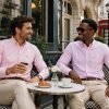 Twin Pack of Plain & Strips Shirts, The English Oxford Mens Long Sleeve Shirt, Button Down Collar & Pocket. Tickle Me Pink - Thumbnail Image 2
