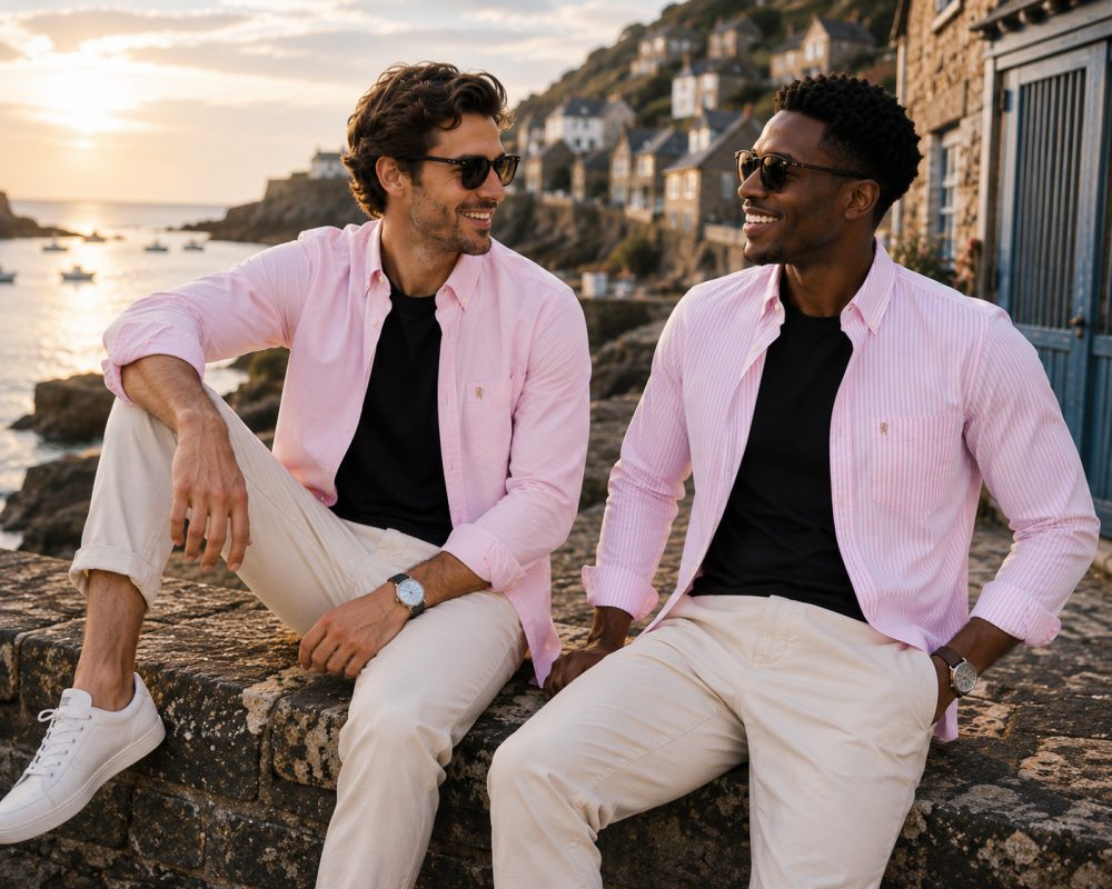 Twin Pack of Plain & Strips Shirts, The English Oxford Mens Long Sleeve Shirt, Button Down Collar & Pocket. Tickle Me Pink - Image 3