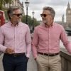 Twin Pack of Plain & Strips Shirts, The English Oxford Mens Long Sleeve Shirt, Button Down Collar & Pocket. Crayo'ola Red - Thumbnail Image 1