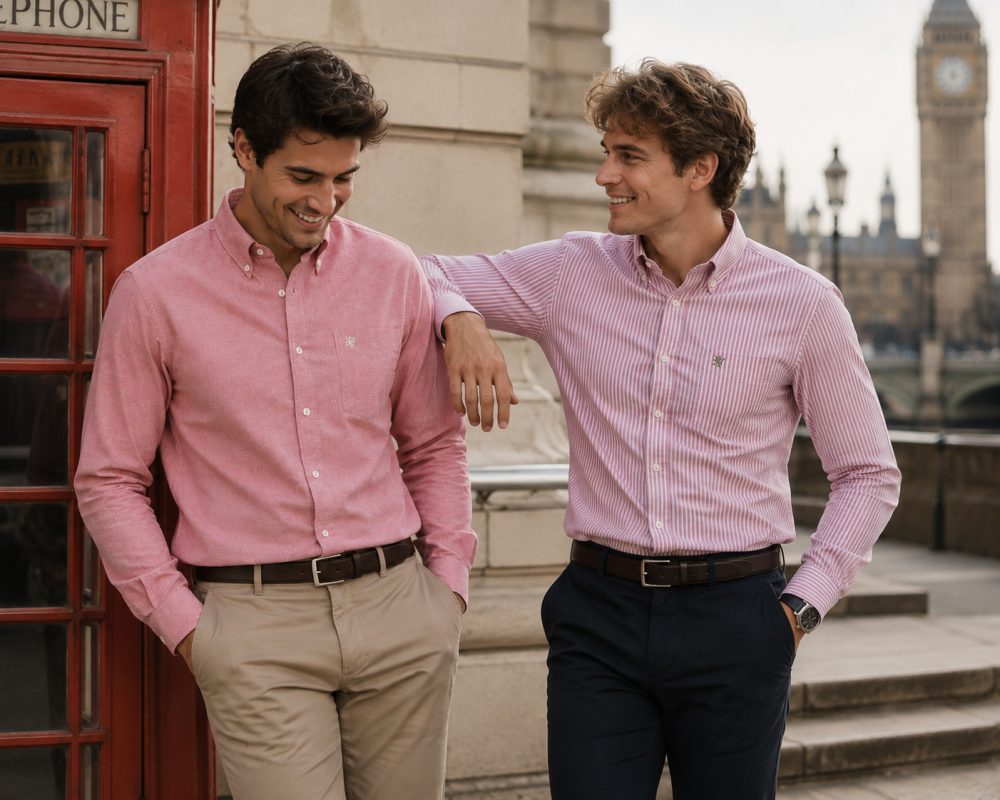 Twin Pack of Plain & Strips Shirts, The English Oxford Mens Long Sleeve Shirt, Button Down Collar & Pocket. Crayo'ola Red - Image 2