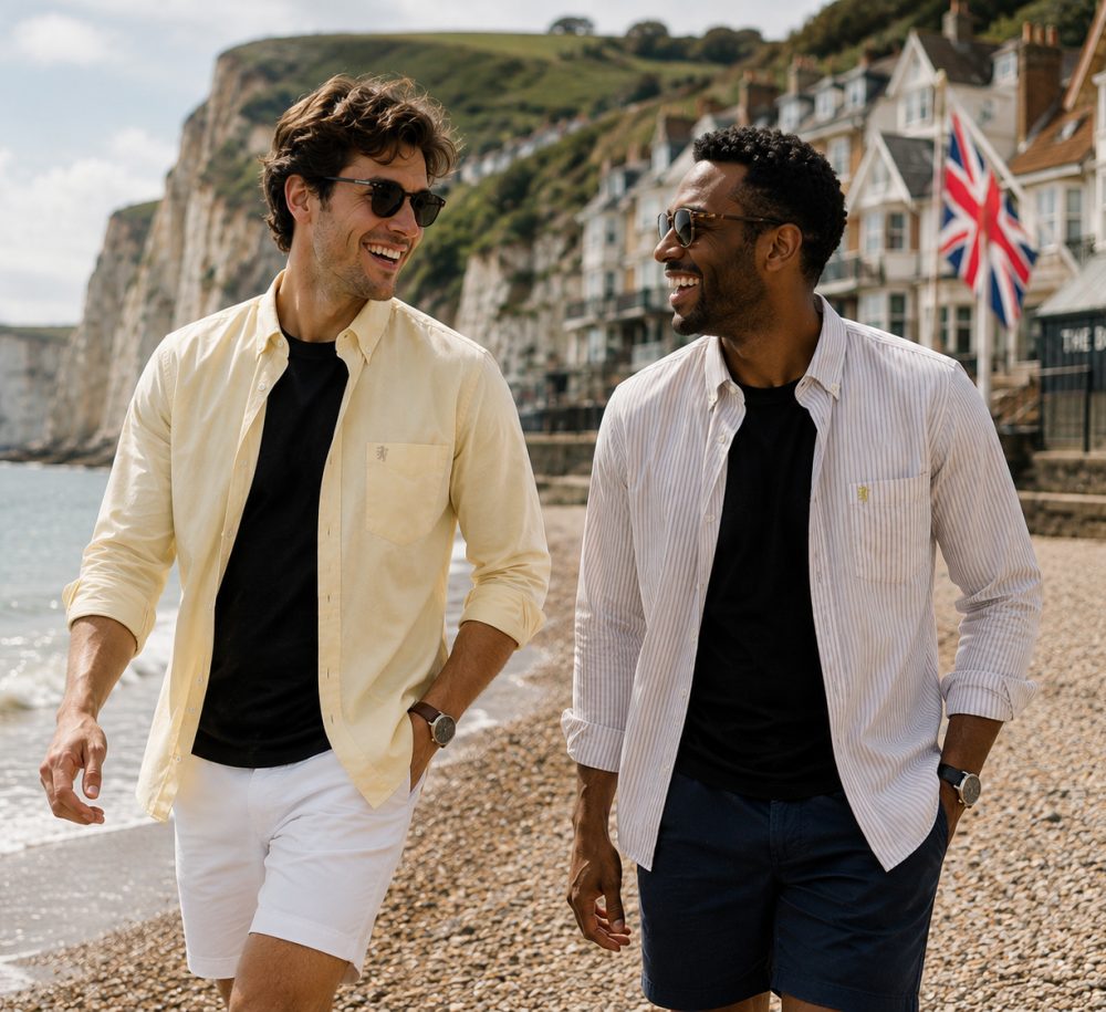 Twin Pack of Plain & Strips Shirts, The English Oxford Mens Long Sleeve Shirt, Button Down Collar & Pocket. Mellow Lemon - Image 2