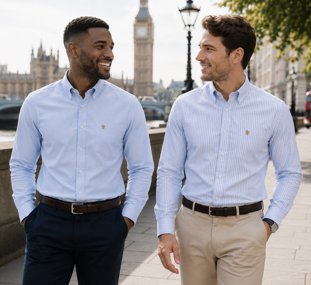 Twin Pack of Plain & Strips Shirts, The English Oxford Mens Long Sleeve Shirt, Button Down Collar & Pocket. Jordy Sky Blue - Image 1