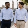 Twin Pack of Plain & Strips Shirts, The English Oxford Mens Long Sleeve Shirt, Button Down Collar & Pocket. Jordy Sky Blue - Thumbnail Image 1