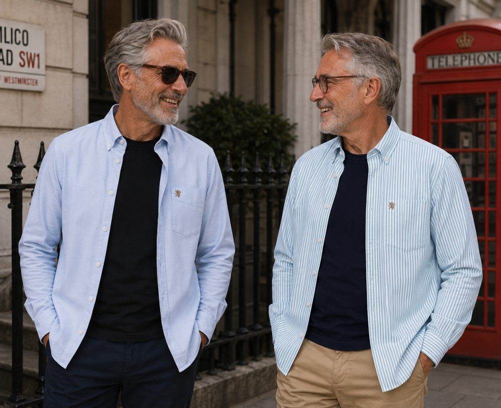 Twin Pack of Plain & Strips Shirts, The English Oxford Mens Long Sleeve Shirt, Button Down Collar & Pocket. Jordy Sky Blue - Image 3