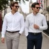 Twin Pack of Plain & Strips Shirts, The English Oxford Mens Long Sleeve Shirt, Button Down Collar & Pocket. Warm White - Thumbnail Image 1