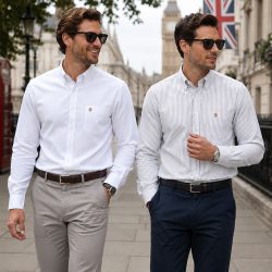 Twin Pack of Plain & Strips Shirts, The English Oxford Mens Long Sleeve Shirt, Button Down Collar & Pocket. Warm White