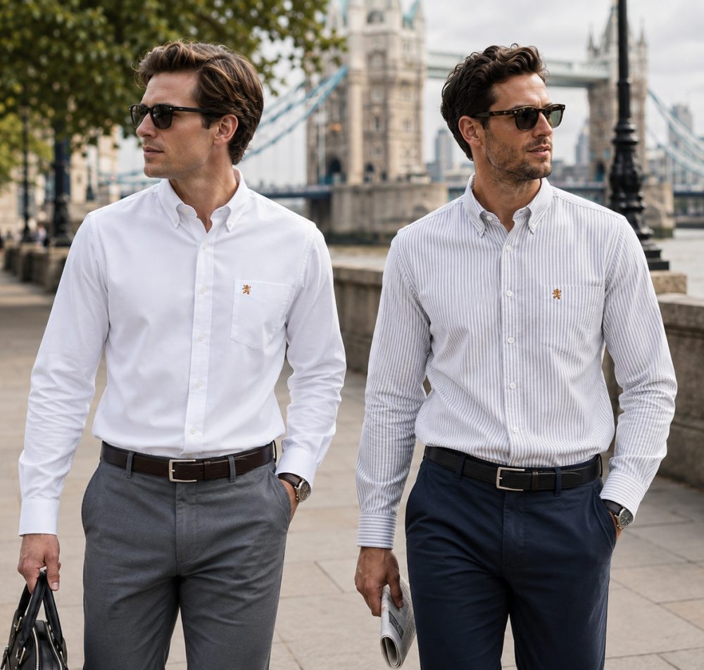 Twin Pack of Plain & Strips Shirts, The English Oxford Mens Long Sleeve Shirt, Button Down Collar & Pocket. Warm White - Image 2
