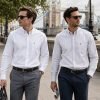 Twin Pack of Plain & Strips Shirts, The English Oxford Mens Long Sleeve Shirt, Button Down Collar & Pocket. Warm White - Thumbnail Image 2