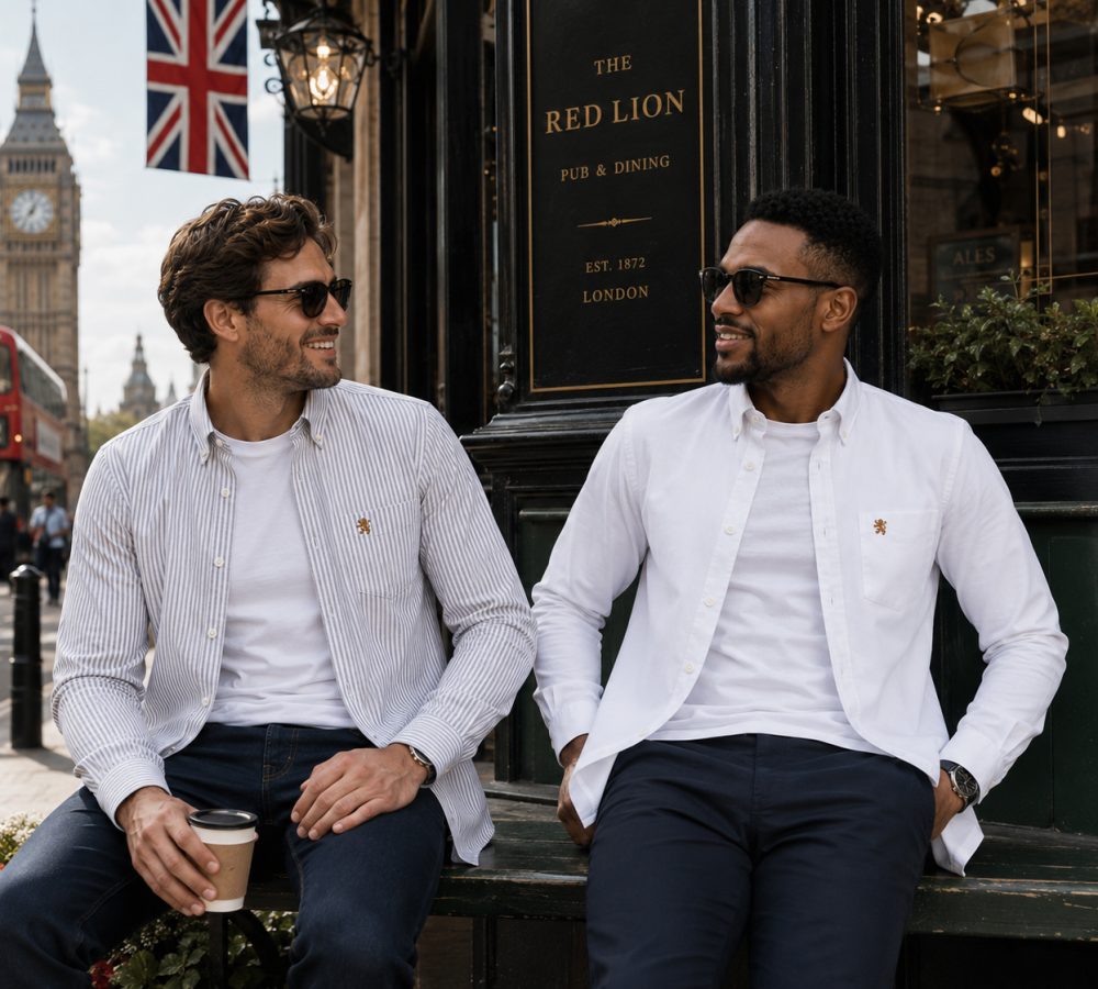 Twin Pack of Plain & Strips Shirts, The English Oxford Mens Long Sleeve Shirt, Button Down Collar & Pocket. Warm White - Image 3