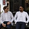 Twin Pack of Plain & Strips Shirts, The English Oxford Mens Long Sleeve Shirt, Button Down Collar & Pocket. Warm White - Thumbnail Image 3