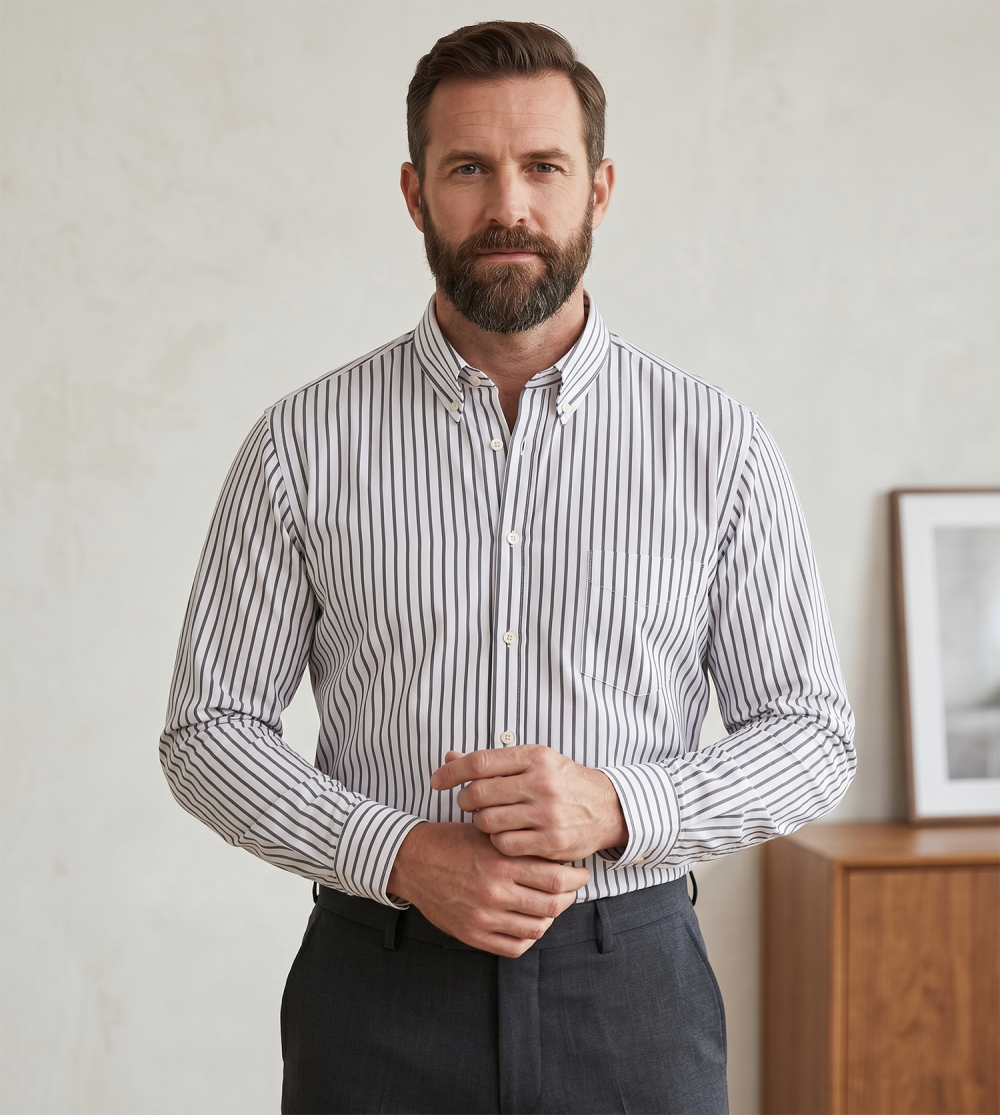 The Elizabeth Stripes Shirts, Mens Oxford Stripe Shirt Button Down Collar Office or Casual, (City Grey | White Stripe) - Image 1