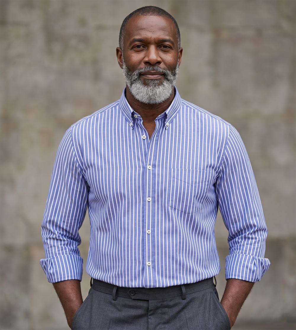 The Elizabeth Stripes Shirts, Mens Oxford Stripe Shirt Button Down Collar Office or Casual, (Denim Blue | Bold Stripe) - Image 2