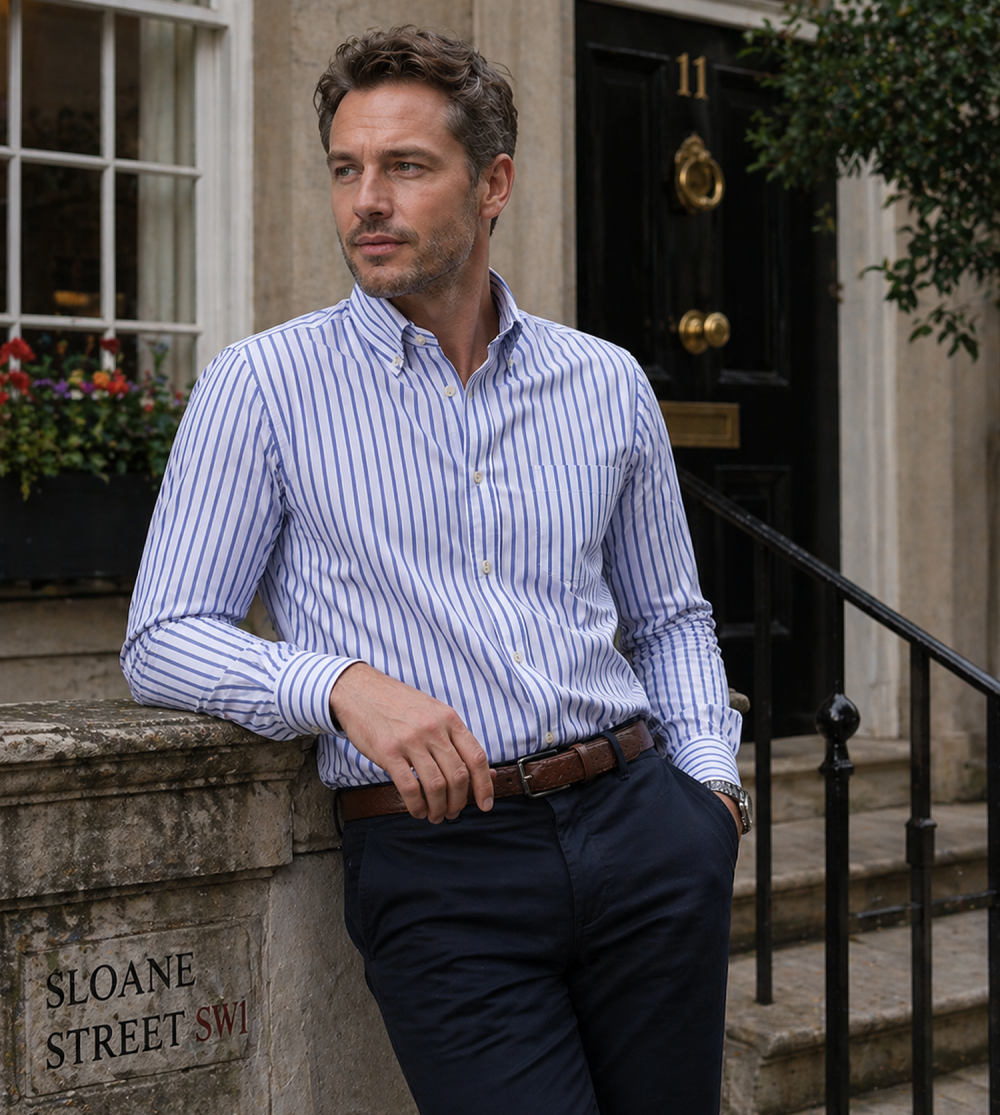 The Elizabeth Stripes Shirts, Mens Oxford Stripe Shirt Button Down Collar Office or Casual, (Denim Blue | White Stripe) - Image 2