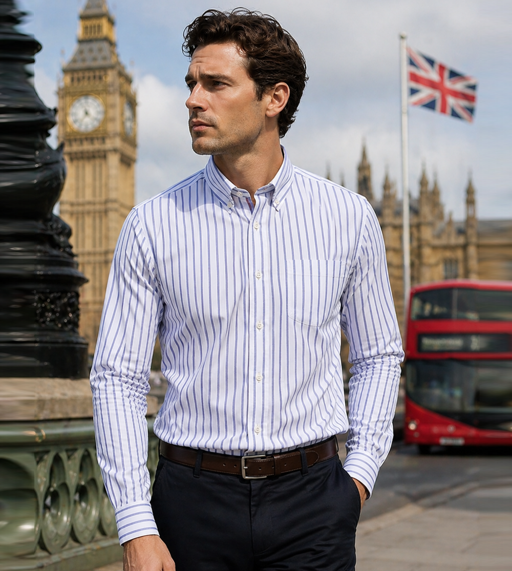 The Elizabeth Stripes Shirts, Mens Oxford Stripe Shirt Button Down Collar Office or Casual, (Ocean Blue | White Stripe) - Image 2