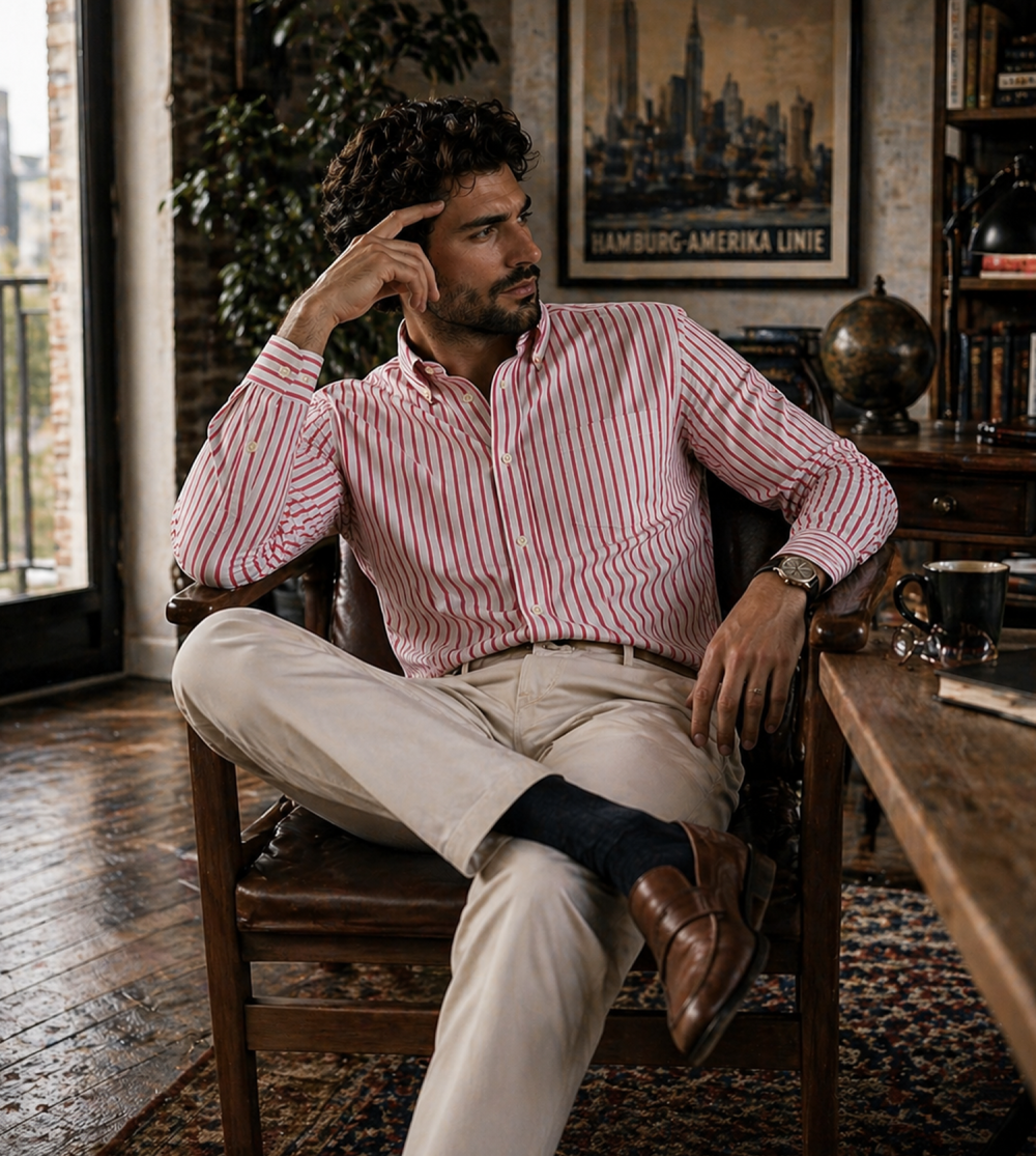 The Elizabeth Stripes Shirts, Mens Oxford Stripe Shirt Button Down Collar Office or Casual, (Warming Red | White Stripe) - Image 3