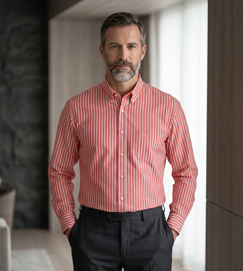 The Elizabeth Stripes Shirts, Mens Oxford Stripe Shirt Button Down Collar Office or Casual, (Warming Red | Bold Stripe) - Image 1