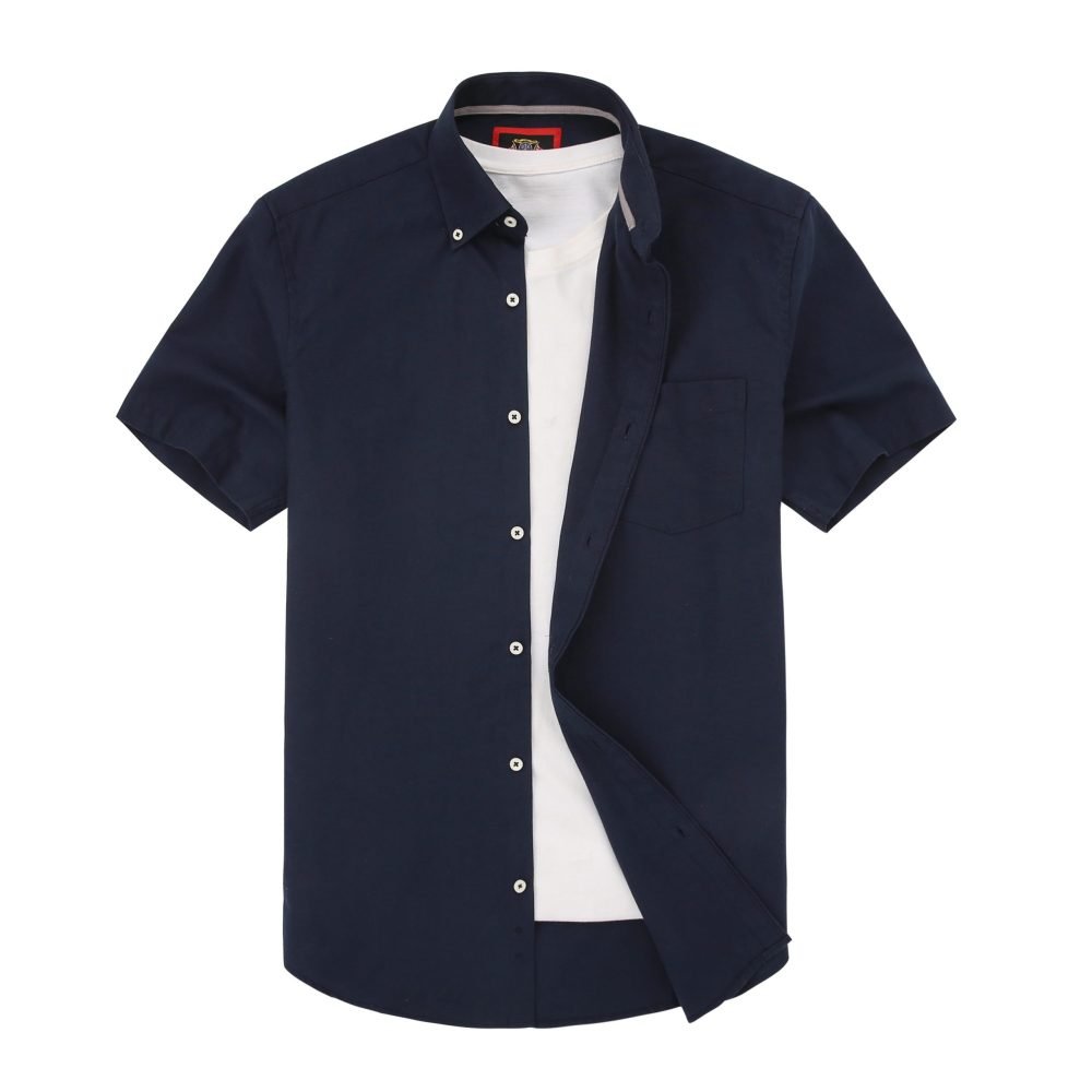 (Navy, Plain) Mens Short Sleeve Oxford Shirt Plain or Stripe, Classic Fit, Button Down Collar & Pocket. Holiday Apparel Leisure Shirts - Image 5