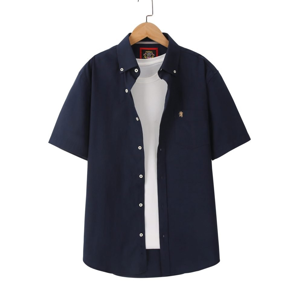 (Navy, Plain) Mens Short Sleeve Oxford Shirt Plain or Stripe, Classic Fit, Button Down Collar & Pocket. Holiday Apparel Leisure Shirts - Image 7