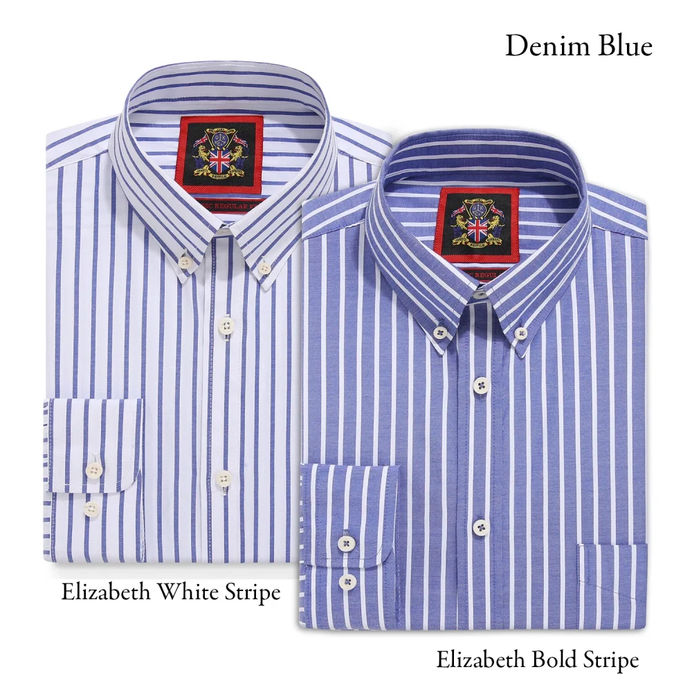 The Elizabeth Stripes Shirts (Twin Pack), Mens Oxford Stripe Shirt Button Down Collar Office or Casual, Denim Blue - Image 5