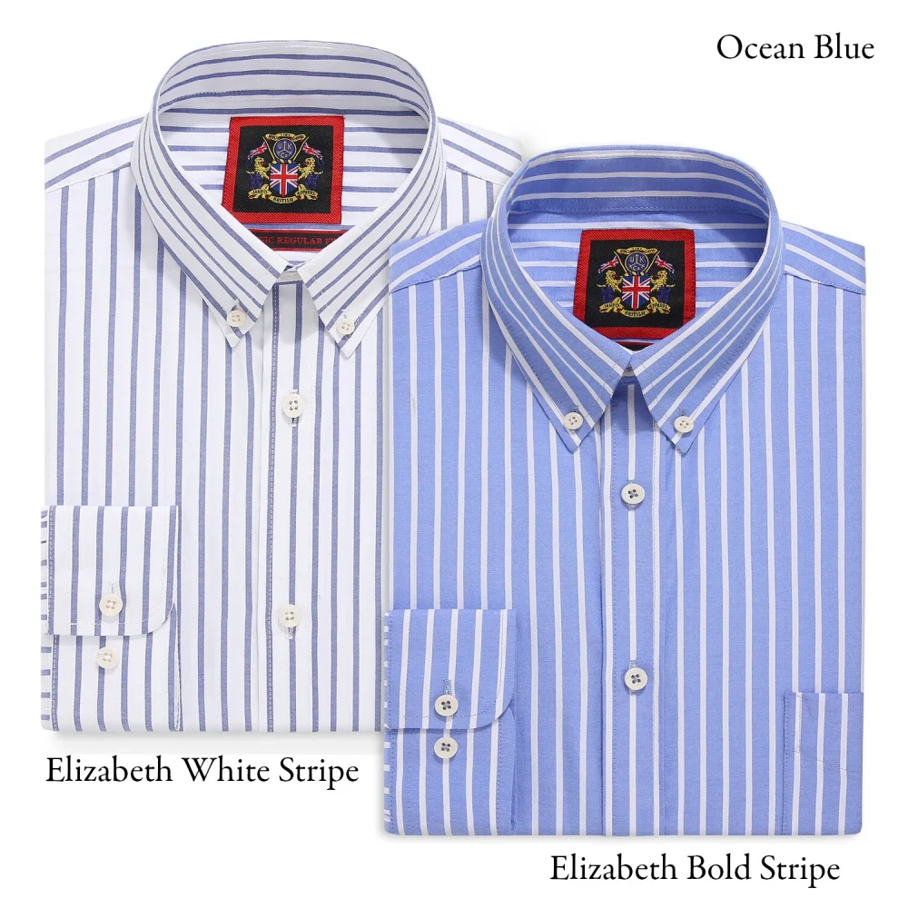 The Elizabeth Stripes Shirts (Twin Pack), Mens Oxford Stripe Shirt Button Down Collar Office or Casual, Ocean Blue - Image 5