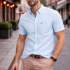 (Jordy Sky Blue, Plain) Mens Short Sleeve Oxford Shirt Plain or Stripe, Classic Fit, Button Down Collar & Pocket. Holiday Apparel Leisure Shirts - Thumbnail Image 1