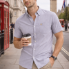 (Cool Grey, Plain) Mens Short Sleeve Oxford Shirt Plain or Stripe, Classic Fit, Button Down Collar & Pocket. Holiday Apparel Leisure Shirts - Thumbnail Image 3