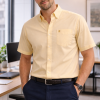 (Mellow Lemon, Plain) Mens Short Sleeve Oxford Shirt Plain or Stripe, Classic Fit, Button Down Collar & Pocket. Holiday Apparel Leisure Shirts - Thumbnail Image 1