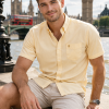 (Mellow Lemon, Plain) Mens Short Sleeve Oxford Shirt Plain or Stripe, Classic Fit, Button Down Collar & Pocket. Holiday Apparel Leisure Shirts - Thumbnail Image 3