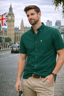 (Kaitoke Green, Plain) Mens Short Sleeve Oxford Shirt Plain or Stripe, Classic Fit, Button Down Collar & Pocket. Holiday Apparel Leisure Shirts