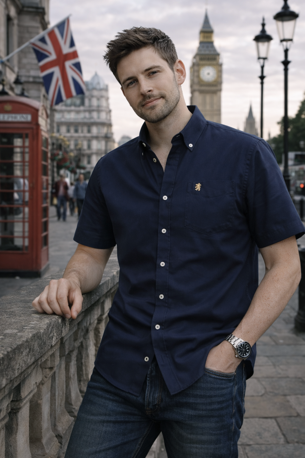 (Navy, Plain) Mens Short Sleeve Oxford Shirt Plain or Stripe, Classic Fit, Button Down Collar & Pocket. Holiday Apparel Leisure Shirts - Image 1