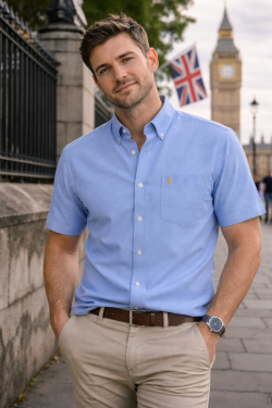 (Ocean Blue, Plain) Mens Short Sleeve Oxford Shirt Plain or Stripe, Classic Fit, Button Down Collar & Pocket. Holiday Apparel Leisure Shirts