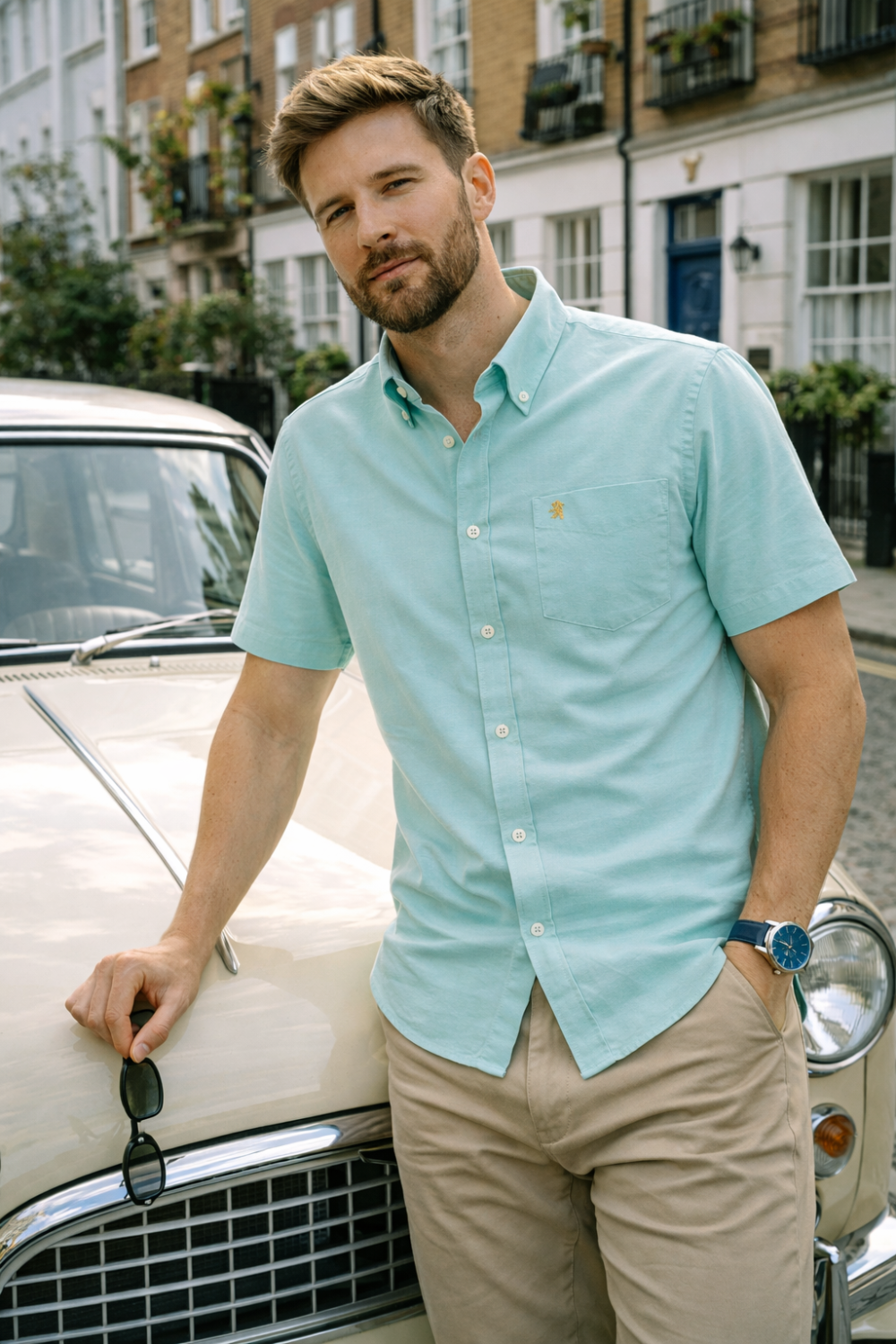 (Paris Mint, Plain) Mens Short Sleeve Oxford Shirt Plain or Stripe, Classic Fit, Button Down Collar & Pocket. Holiday Apparel Leisure Shirts - Image 1