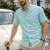 (Paris Mint, Plain) Mens Short Sleeve Oxford Shirt Plain or Stripe, Classic Fit, Button Down Collar & Pocket. Holiday Apparel Leisure Shirts - Thumbnail Image 1