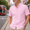 (Tickle Me Pink, Plain) Mens Short Sleeve Oxford Shirt Plain or Stripe, Classic Fit, Button Down Collar & Pocket. Holiday Apparel Leisure Shirts - Thumbnail Image 1