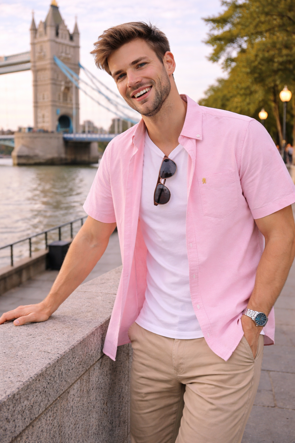 (Tickle Me Pink, Plain) Mens Short Sleeve Oxford Shirt Plain or Stripe, Classic Fit, Button Down Collar & Pocket. Holiday Apparel Leisure Shirts - Image 2