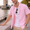 (Tickle Me Pink, Plain) Mens Short Sleeve Oxford Shirt Plain or Stripe, Classic Fit, Button Down Collar & Pocket. Holiday Apparel Leisure Shirts - Thumbnail Image 2