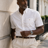 Mens Short Sleeve Oxford Shirt Plain or Stripe, Classic Fit, Button Down Collar & Pocket. Holiday Apparel Leisure Shirts. (Warm White, Plain) - Thumbnail Image 3