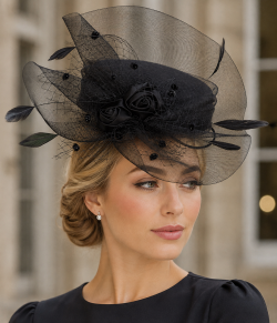 Satin Pillbox Fascinator Clean Defined Classic Shape Corsage, Structured Net & Veil Hatinator – Stunning Statement Piece - -Black