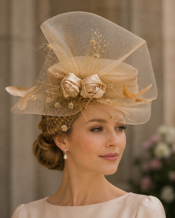 Satin Pillbox Fascinator Clean Defined Classic Shape Corsage, Structured Net & Veil Hatinator – Stunning Statement Piece - Champaign