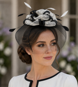Occasion Hatinator, Beautifully Sculptured Headwear Wide Brim Fascinator for Weddings or the Races, Bows shape centre and airy feathers JaneoBritishApparel - Black