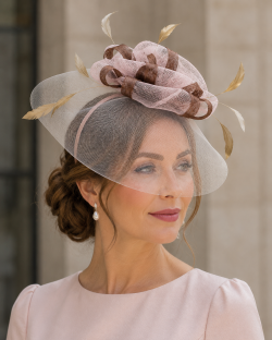 Occasion Hatinator, Beautifully Sculptured Headwear Wide Brim Fascinator for Weddings or the Races, Bows shape centre and airy feathers JaneoBritishApparel - Baby Pink