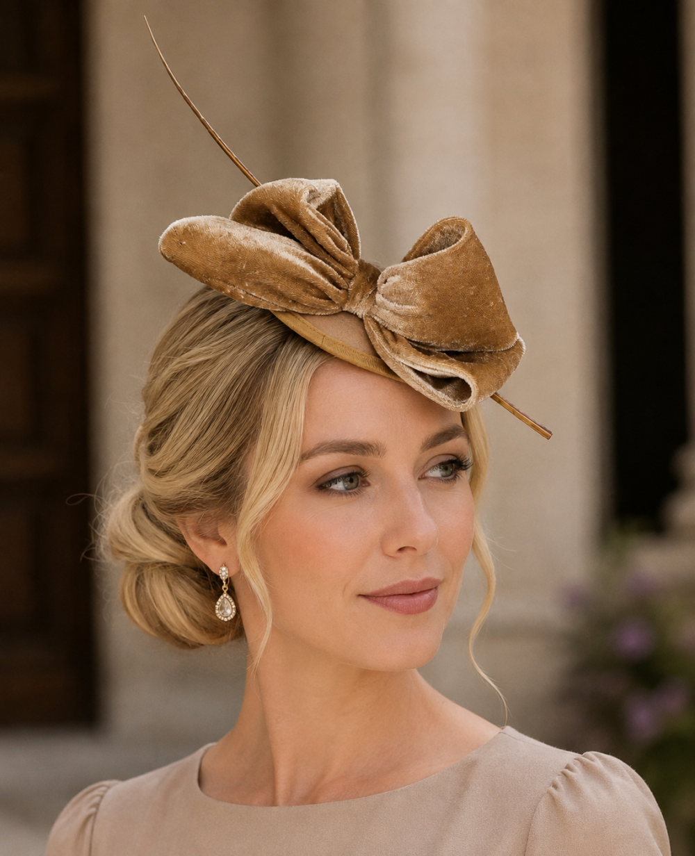 Large Velvet Bow Fascinator Head Piece Mini Domed Pillbox Hatinator Hat. Mini Round Satin Dome Minimalist Stunner 4 Colours - Champagne - Image 1